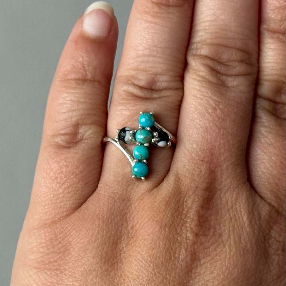 Sterling Silver White Buffalo and Kingman Turquoise Cross Ring